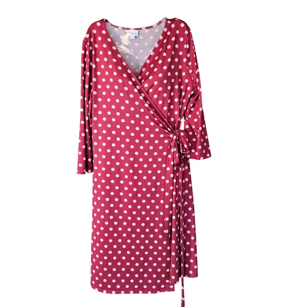LuLaRoe Women Burgundy White Polka Dot Wrap Dress Long Sleeve V-Neck Large L